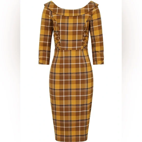 Collectif Cheyenne Moonhill Check 50’s Pencil Dress Mustard Small - Picture 1 of 4
